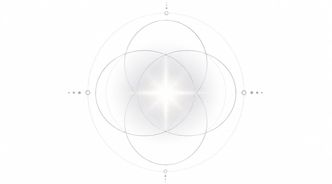 A glowing, minimalist geometric design featuring intersecting circles and celestial-inspired dots on a white background.