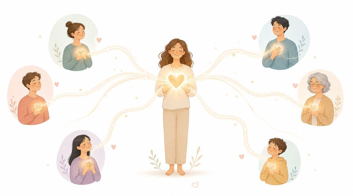 A central woman radiating light and love to six diverse people connected by glowing heart energy lines.