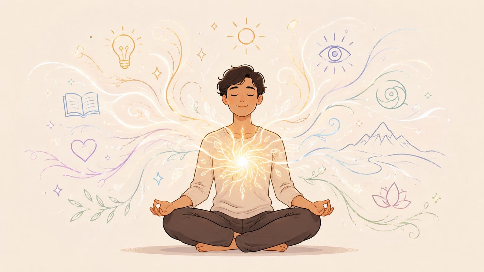 A serene young person meditating in lotus position with glowing symbols representing mindfulness and inner peace.