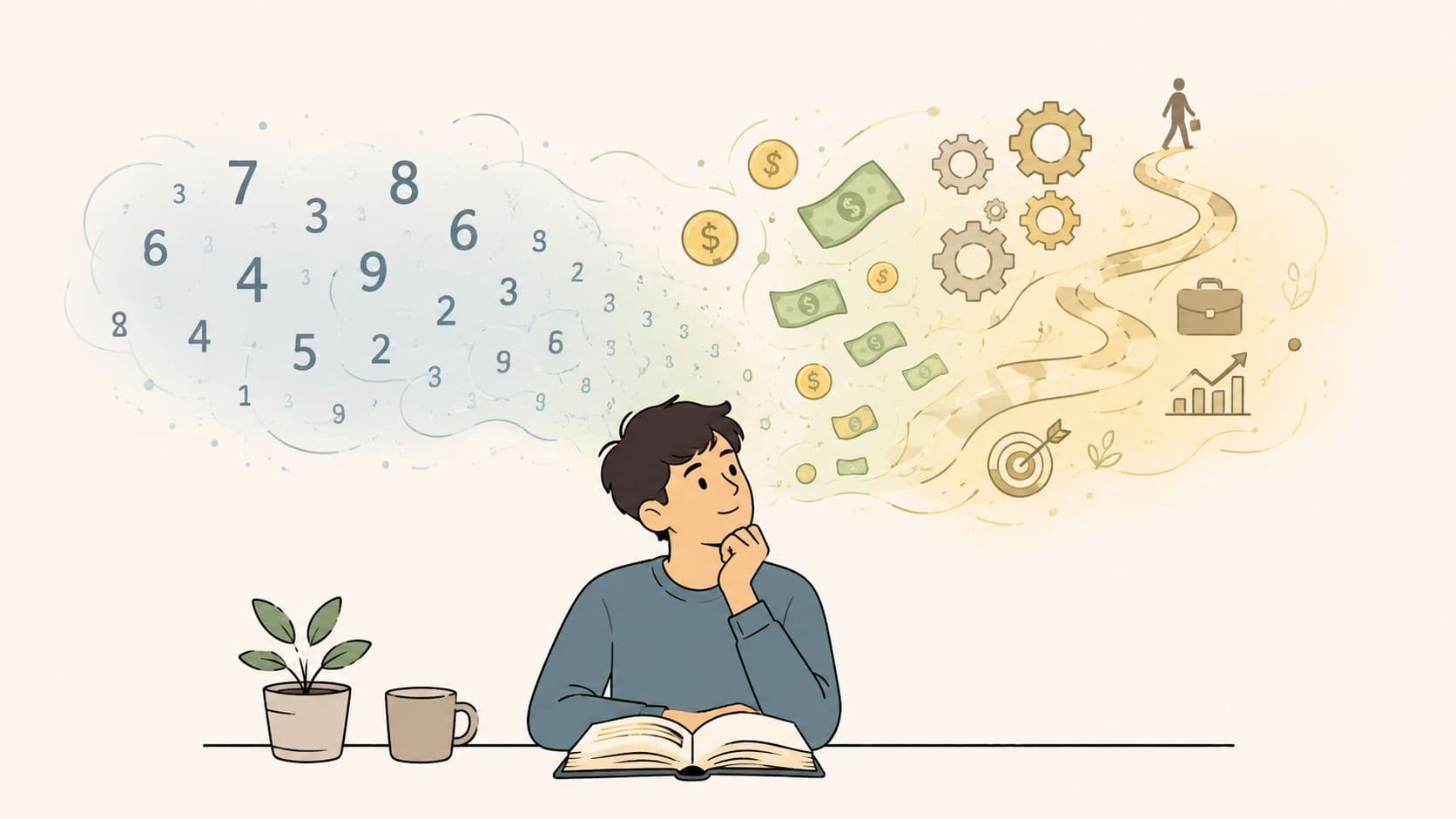 A young man sitting at a desk with a book, dreaming about numbers, finances, and career success.