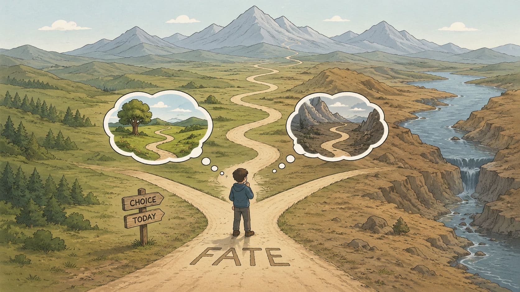 A young boy standing at a fork in the road contemplating his fate and future choices.