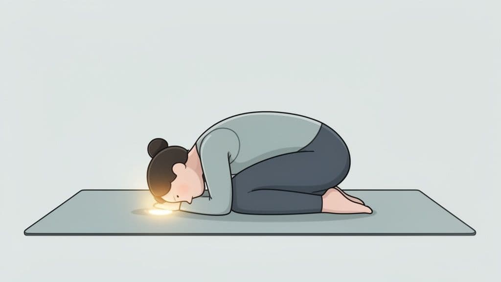 A cartoon person in Child's Pose on a yoga mat, with a gentle glow under their head.