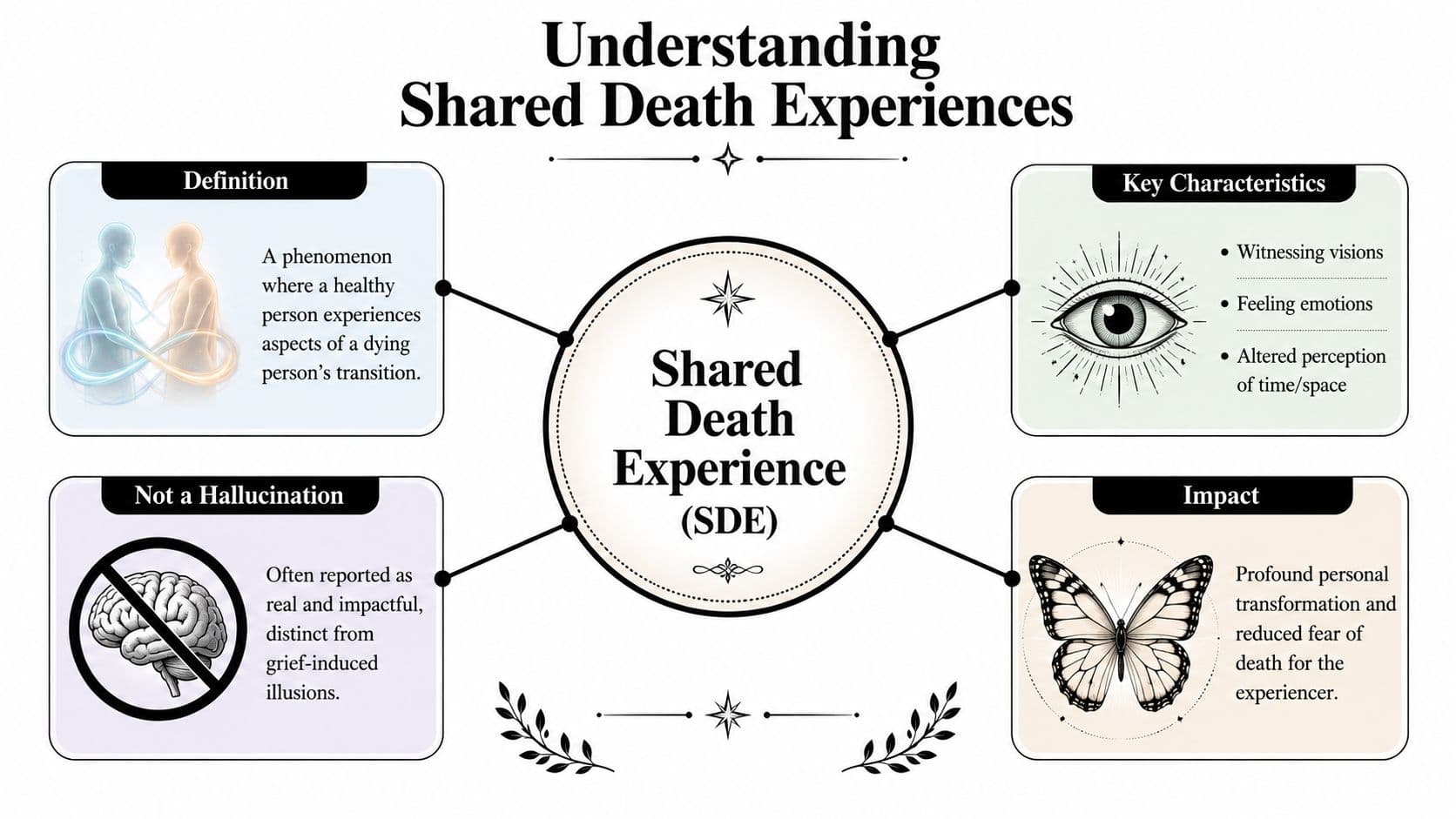 An infographic titled Understanding Shared Death Experiences explains the phenomenon, characteristics, and impacts on individuals.