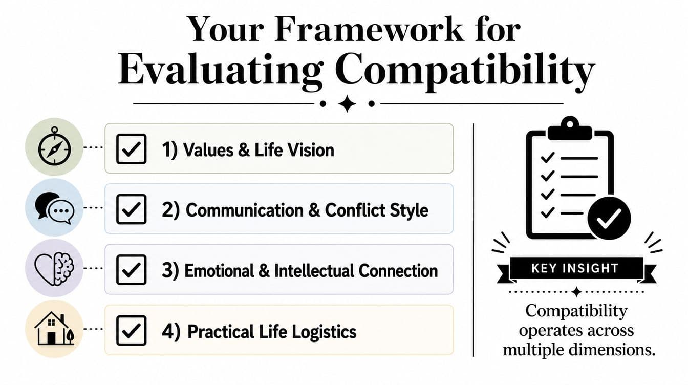 A diagram outlining a four-part framework for evaluating compatibility in a romantic relationship using icons and text.