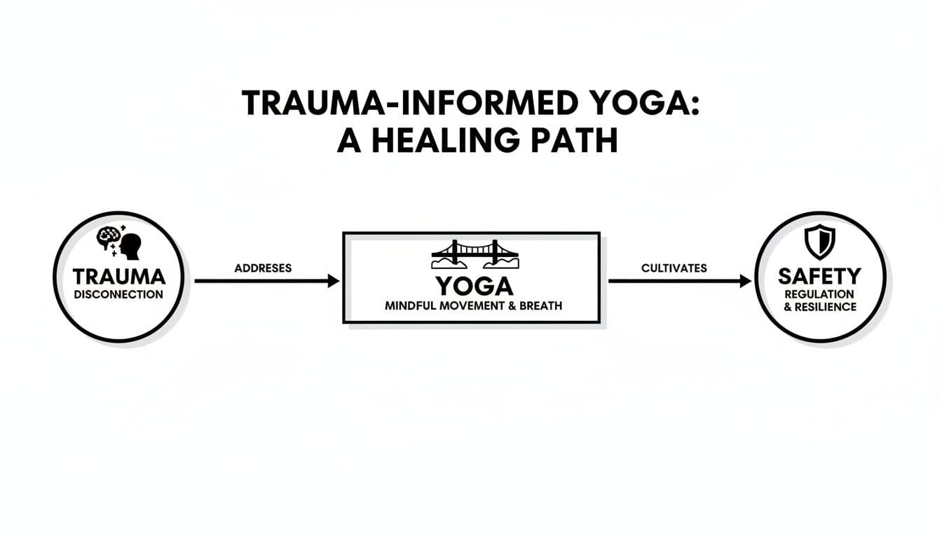 Diagram showing trauma-informed yoga as a healing path, addressing trauma disconnection and cultivating safety.