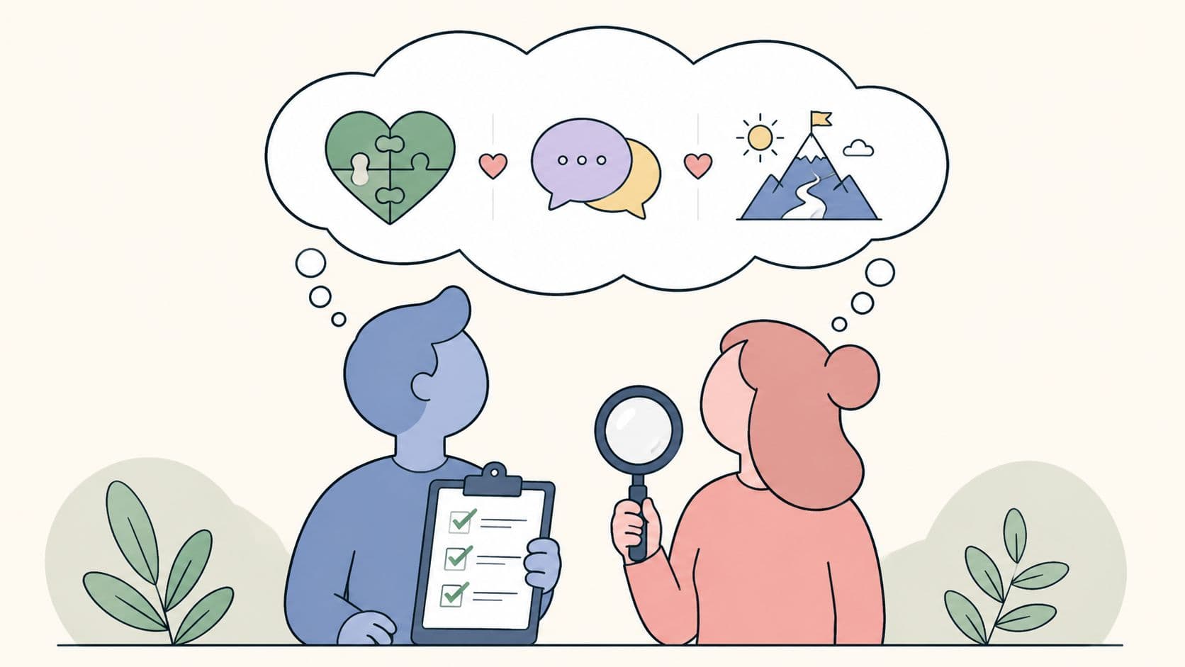 A couple considering relationship goals, communication, and heart-shaped puzzle compatibility illustrated in a thought bubble.