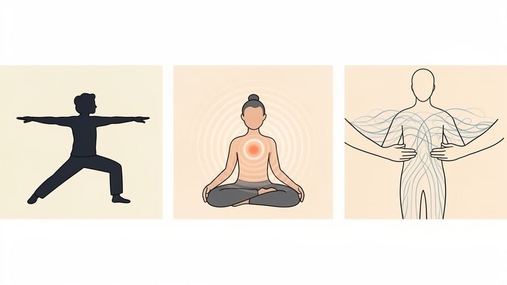 Three illustrations depicting yoga, a meditating person with radiating chest energy, and hands on a torso with inner wavy lines.