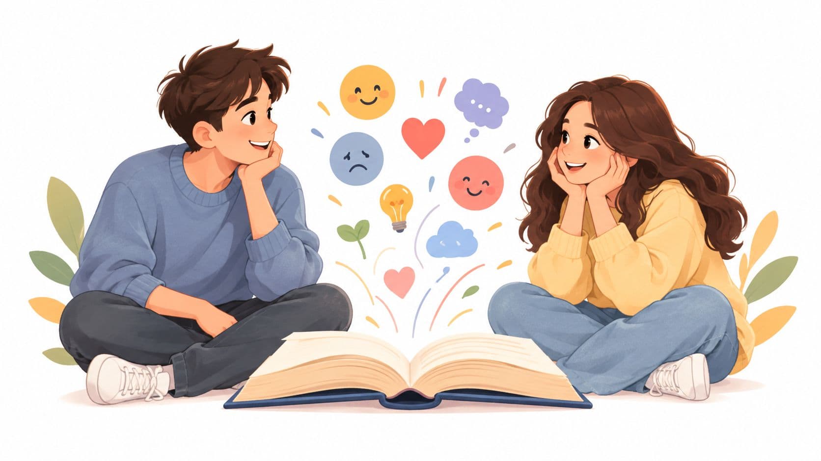 A young couple sits together reading an open book while glowing icons representing emotions appear above.