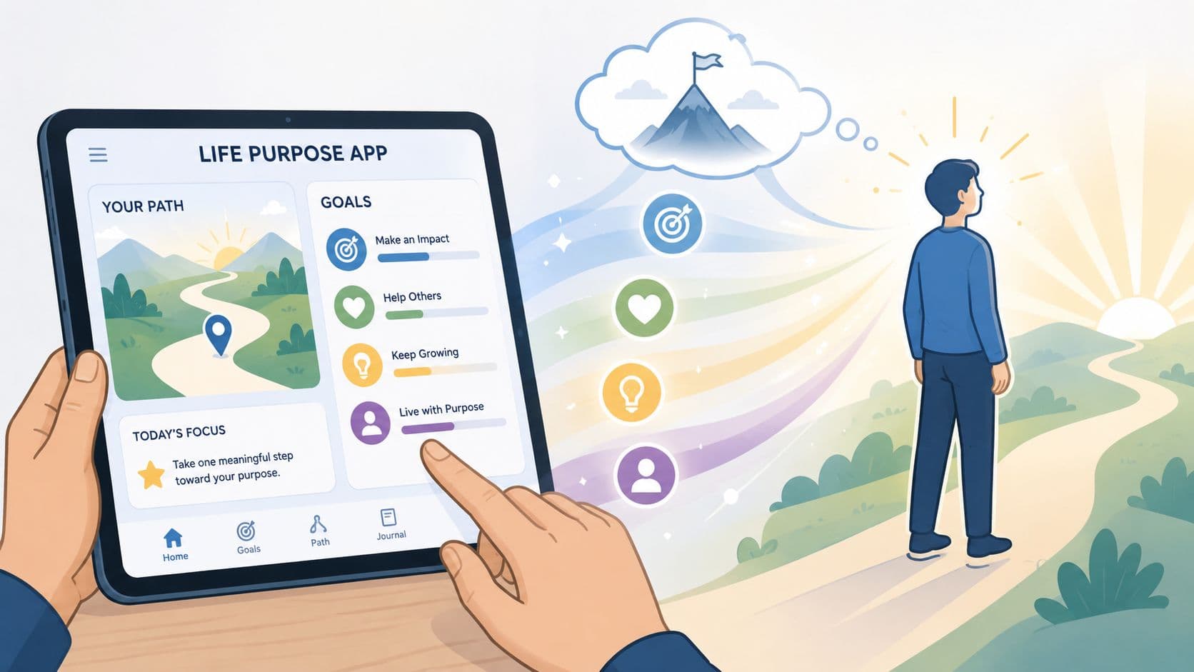 A person using a life purpose app on a tablet to align their goals with a path.