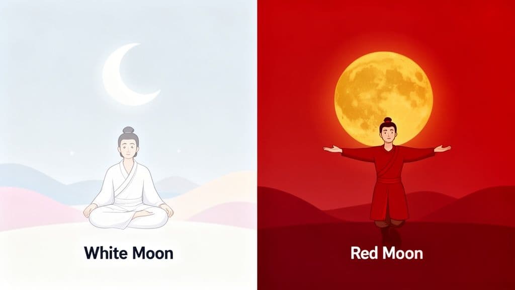 A split image showing a serene figure under a white crescent moon and an expressive figure under a red full moon.