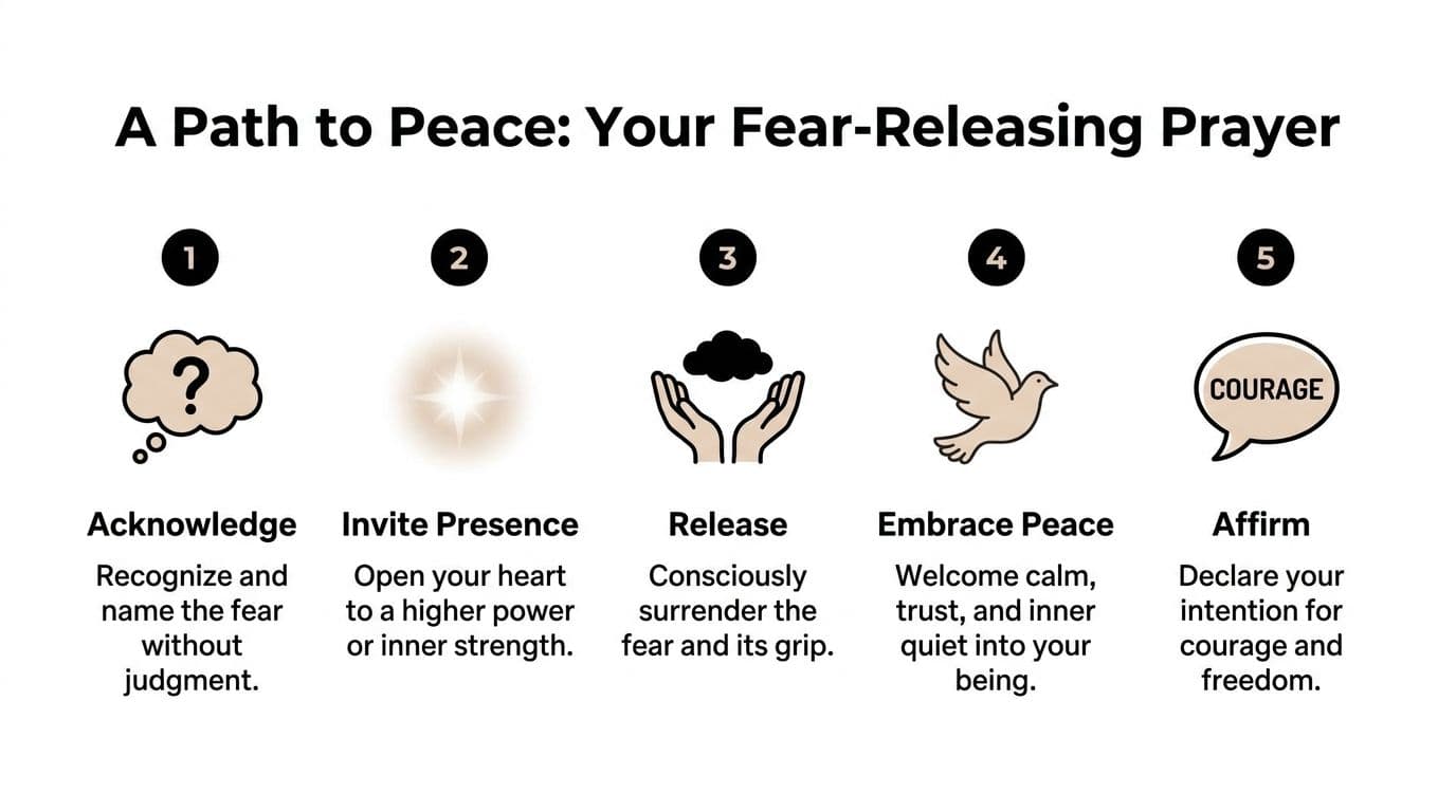 A five-step guide titled A Path to Peace showing a visual process for releasing fear through prayer.