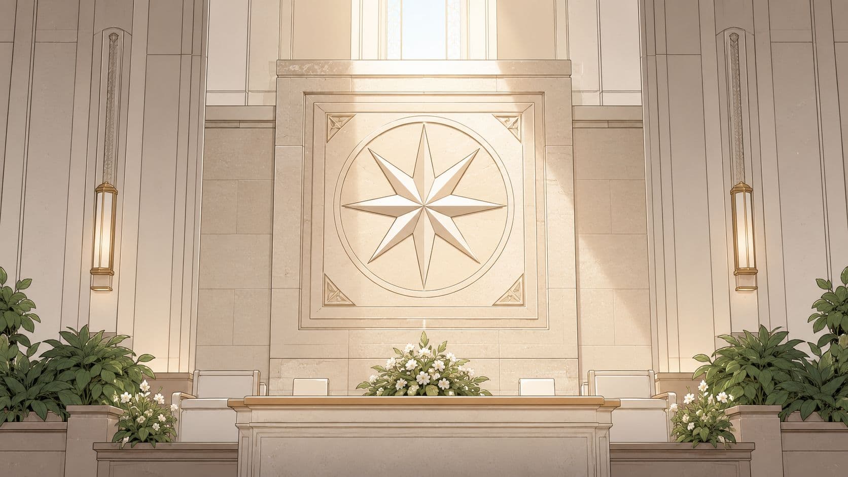 A serene, sunlit hall featuring a marble wall with a large, carved eight-pointed star and floral arrangements.