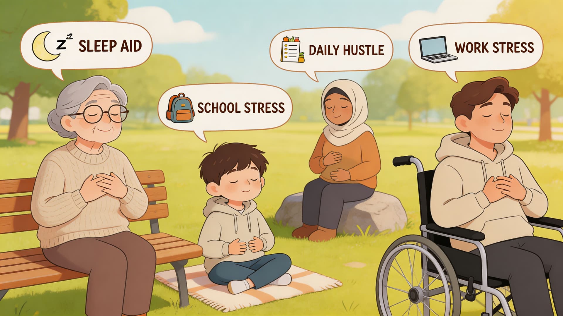 A diverse group of people practicing mindfulness and breathing exercises in a peaceful park setting.