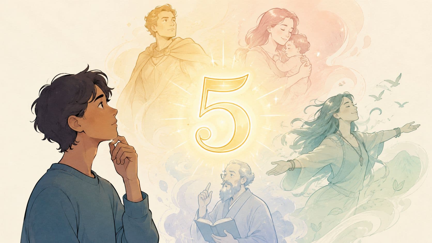 An illustrated young person contemplating the number five surrounded by ethereal, symbolic figures representing life stages.