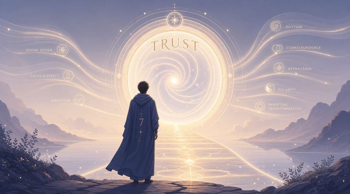A person standing before a glowing portal representing spiritual laws, including trust, rhythm, and destiny.