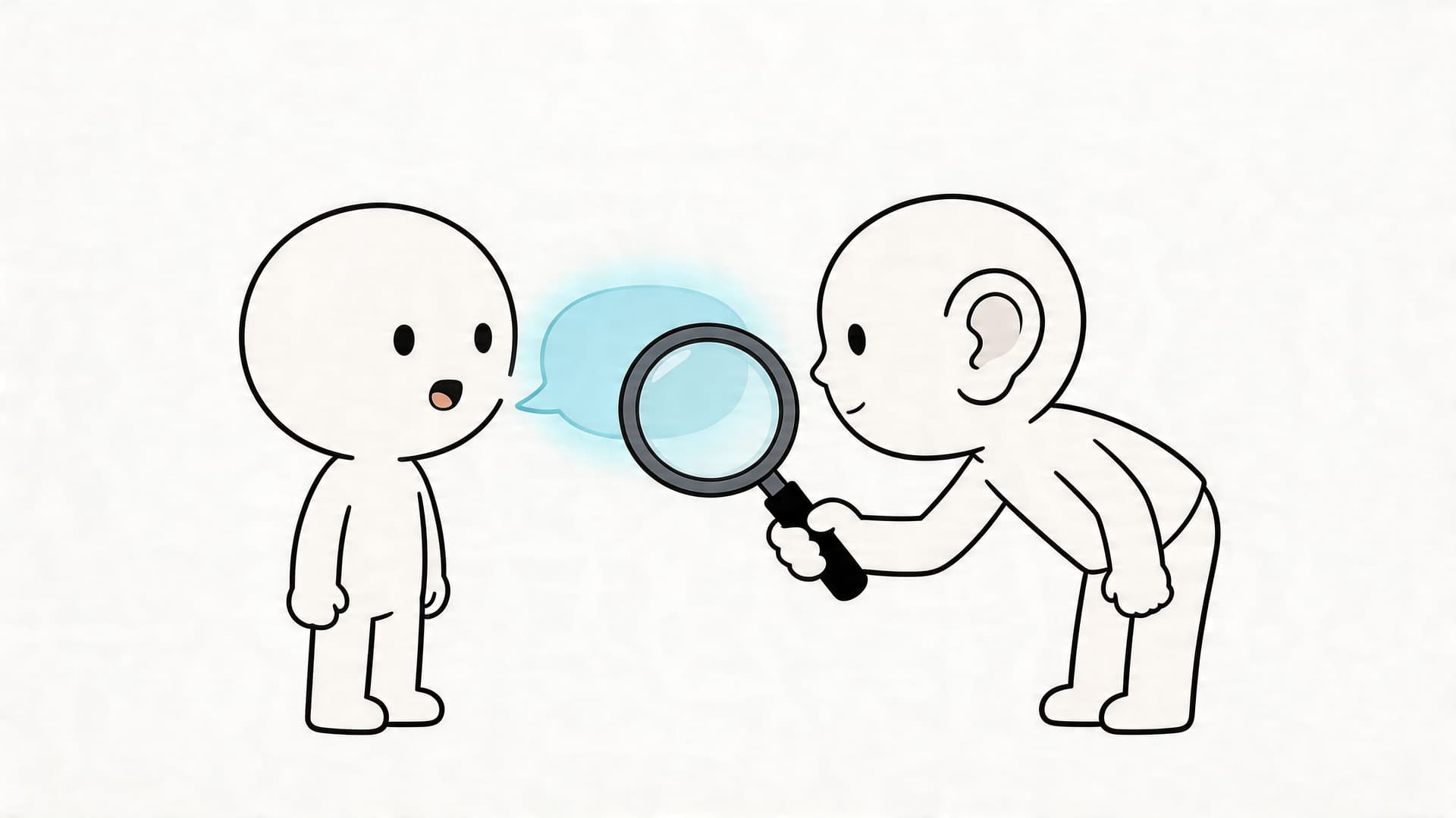 A cartoon person examining a speech bubble with a magnifying glass while listening to someone else.