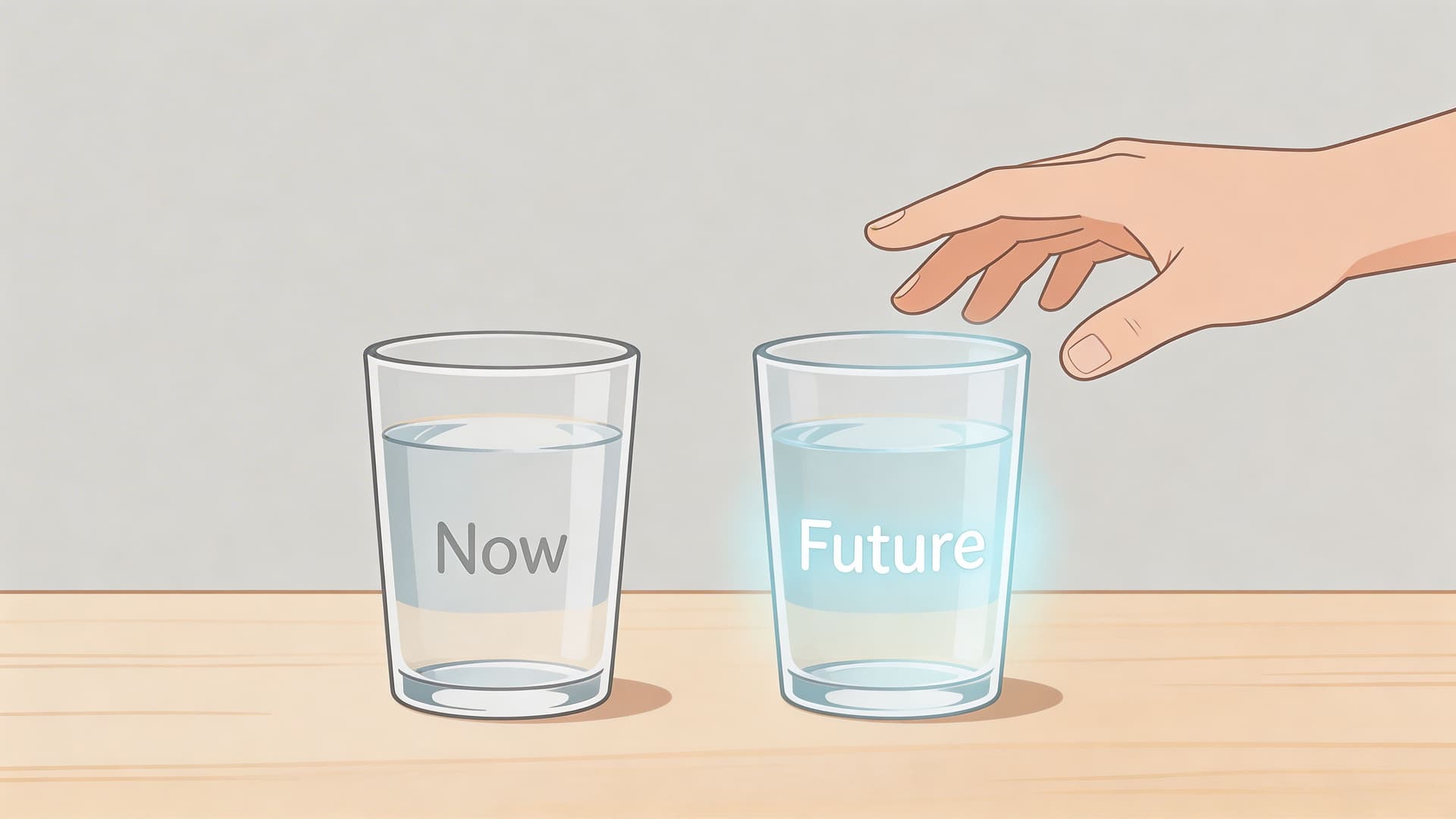 A hand reaching towards a glowing glass labeled Future next to a glass labeled Now.