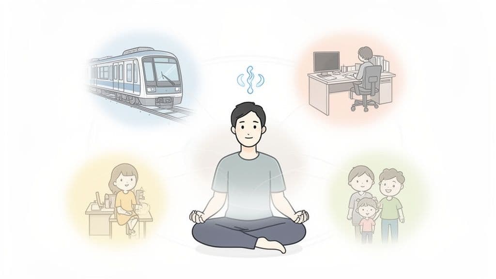 A man meditates in lotus position, surrounded by images of work, travel, hobbies, and family.