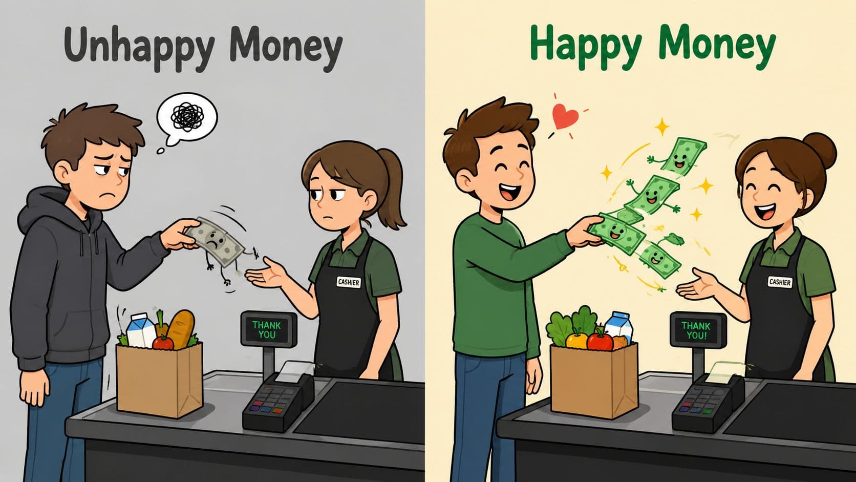 A split image contrasting an unhappy shopper giving sad money versus a happy shopper sharing cheerful money.