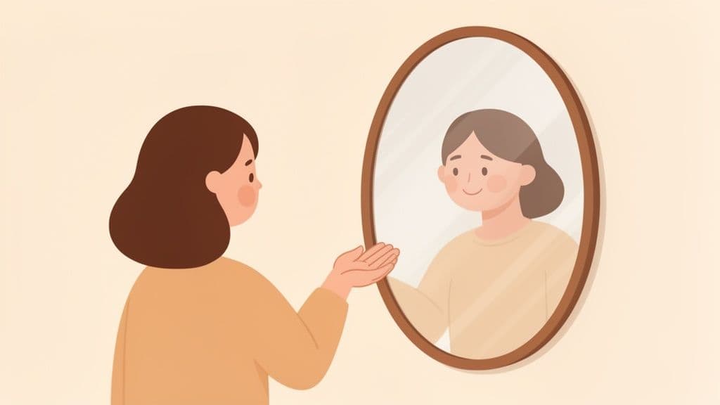 Illustration of a woman looking at her smiling reflection in an oval mirror, extending her hand.