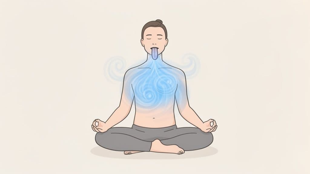 Person in a yoga pose performing a cooling breath exercise with blue energy in their chest.