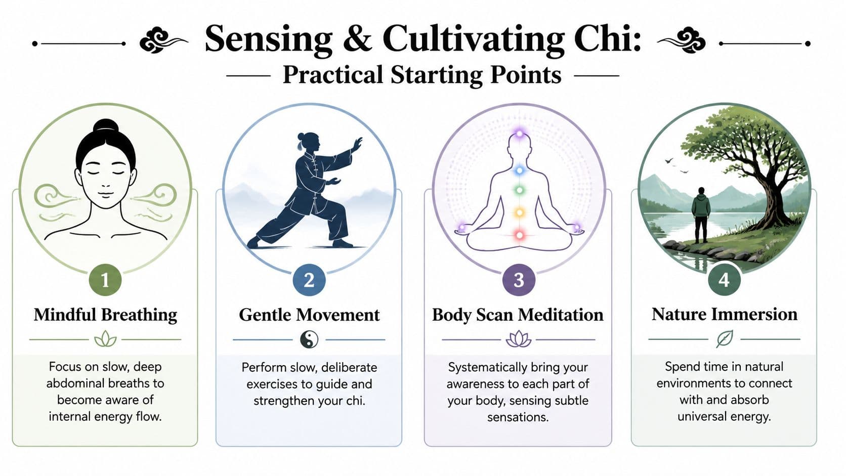 A four-step infographic illustrating methods to sense and cultivate chi through breath, movement, meditation, and nature.
