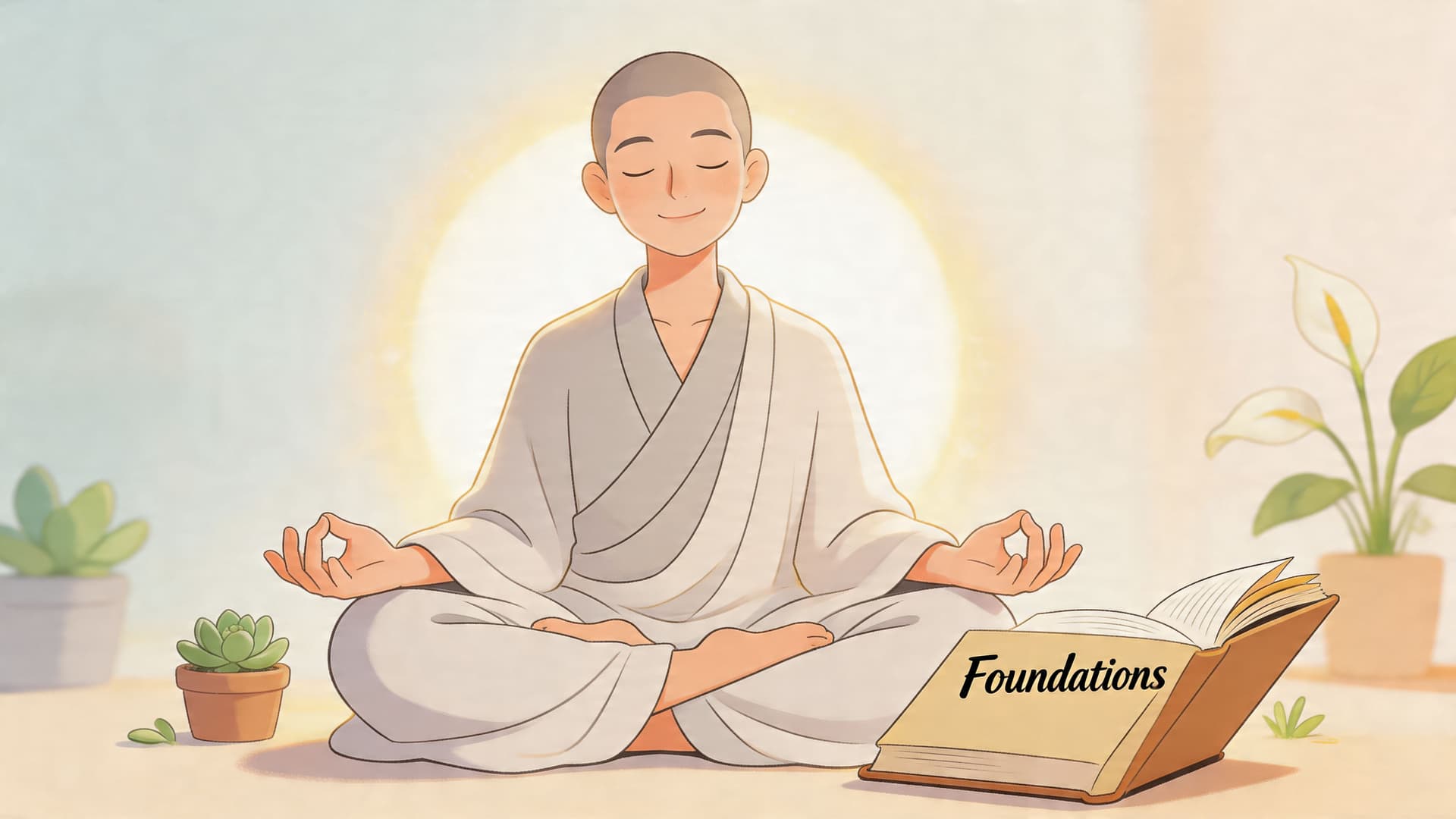 A peaceful Buddhist monk sits in a meditative pose beside a book titled Foundations.