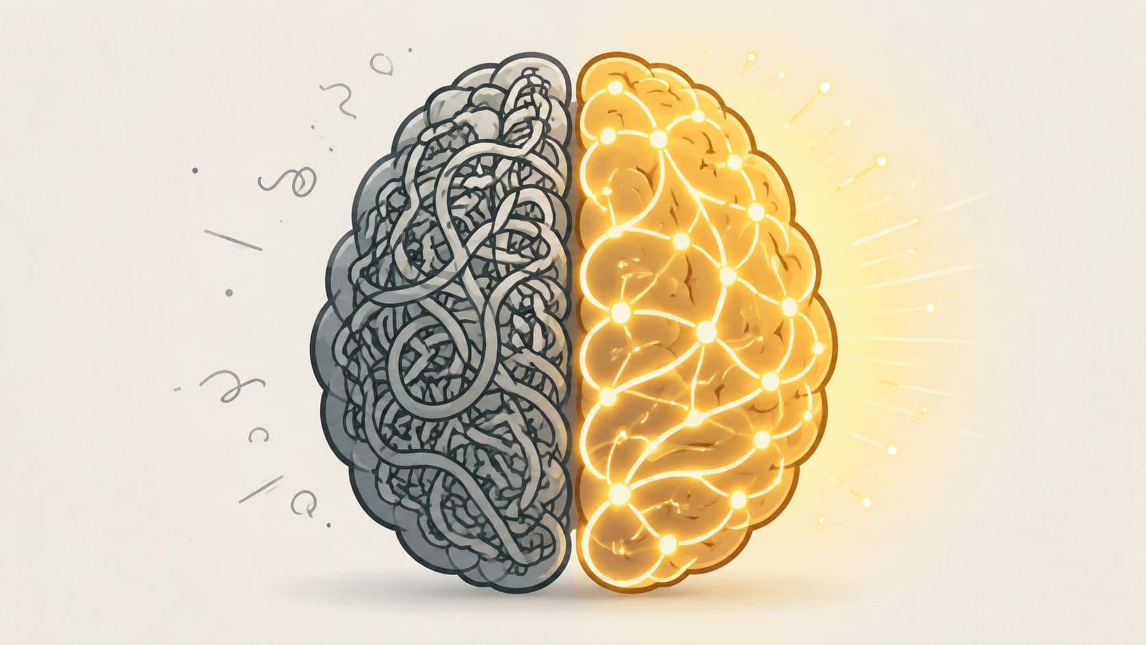 A split brain illustration showing a gray tangled left side and a glowing, connected golden right side.