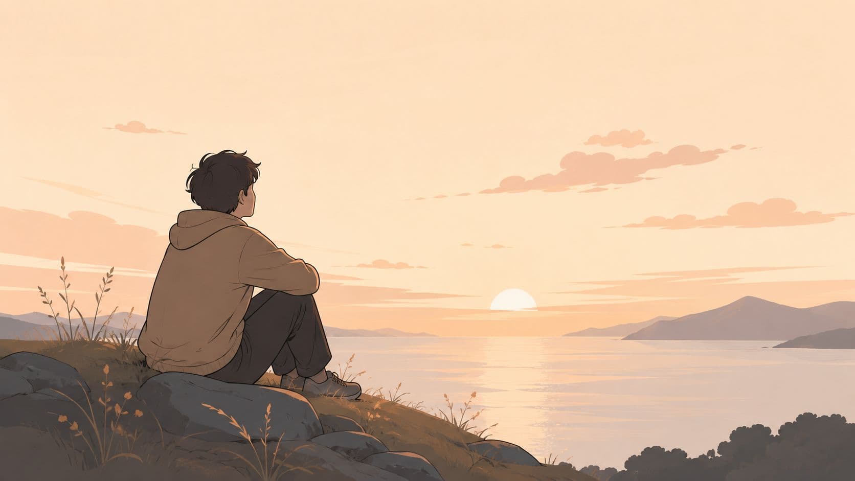 A person sitting on a rock overlooking a calm ocean during a peaceful golden sunset.