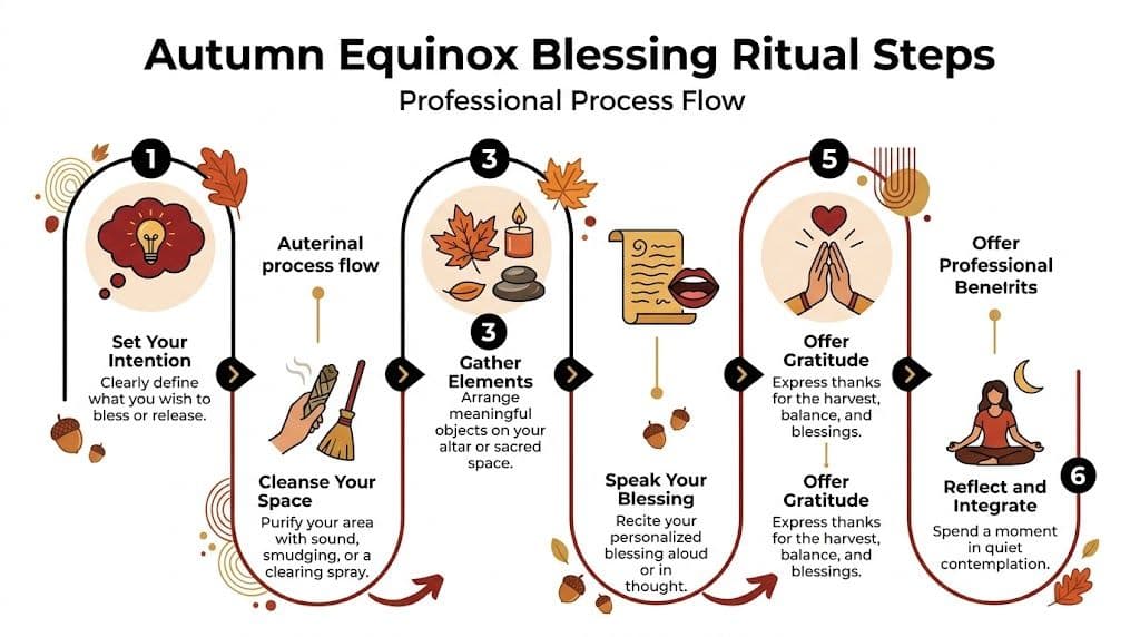 An instructional infographic detailing the six steps of an Autumn Equinox blessing ritual with decorative autumn icons.