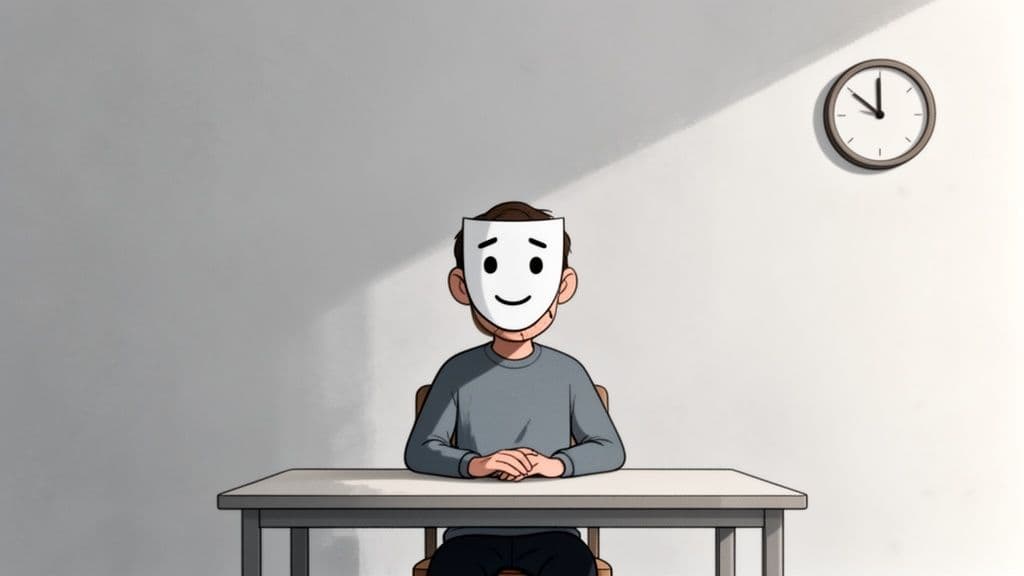 An illustrated person wearing a smiling mask sits at a desk with a wall clock.