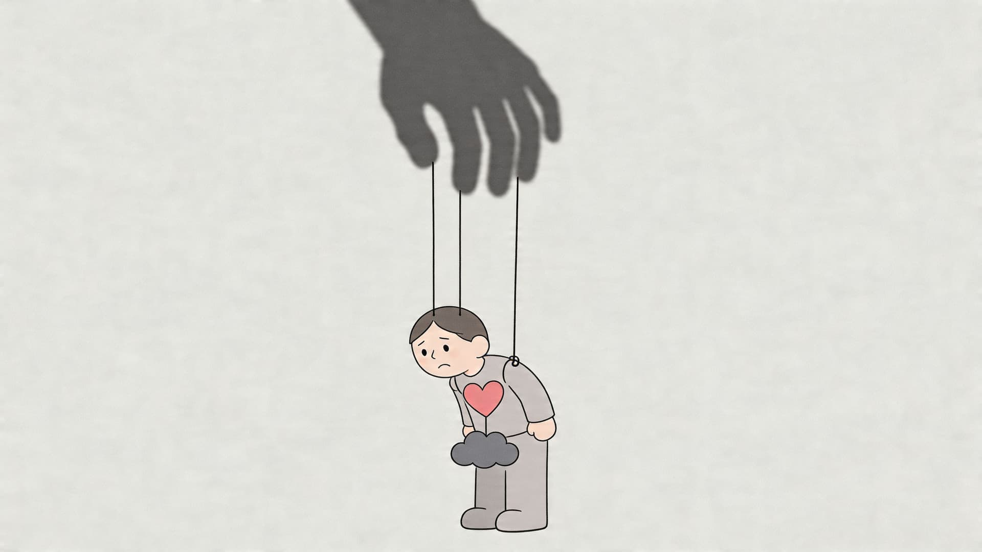 An illustration of a puppet-like person feeling controlled and sad, with a heavy cloud hanging over them.