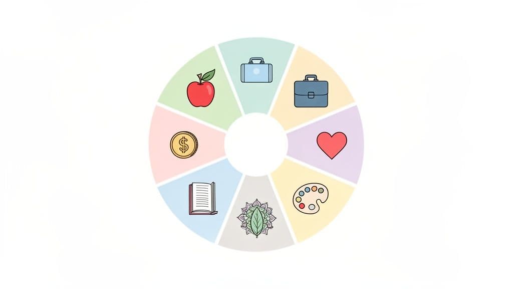 A colorful wheel of life chart with icons for health, career, love, finance, and learning.