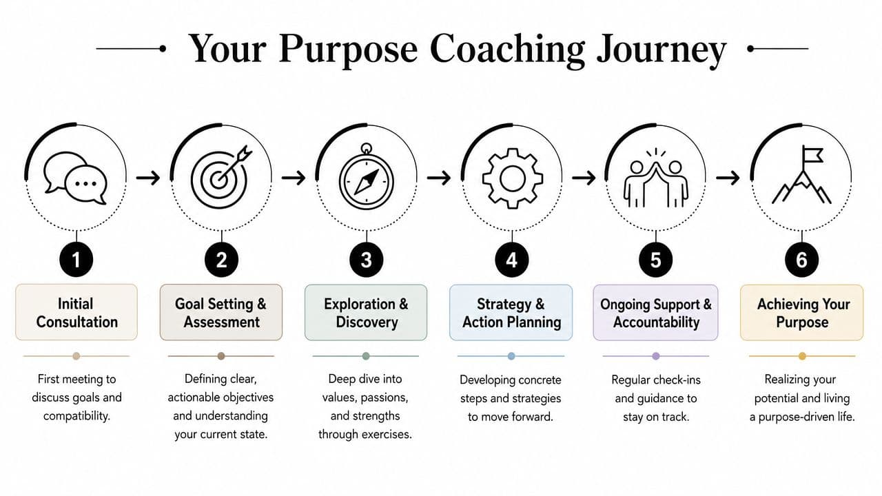 A six-step infographic illustrating the Purpose Coaching Journey from initial consultation to achieving a purpose-driven life.