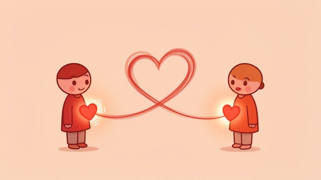 Two cartoon figures sharing glowing hearts through a red string forming a central heart.