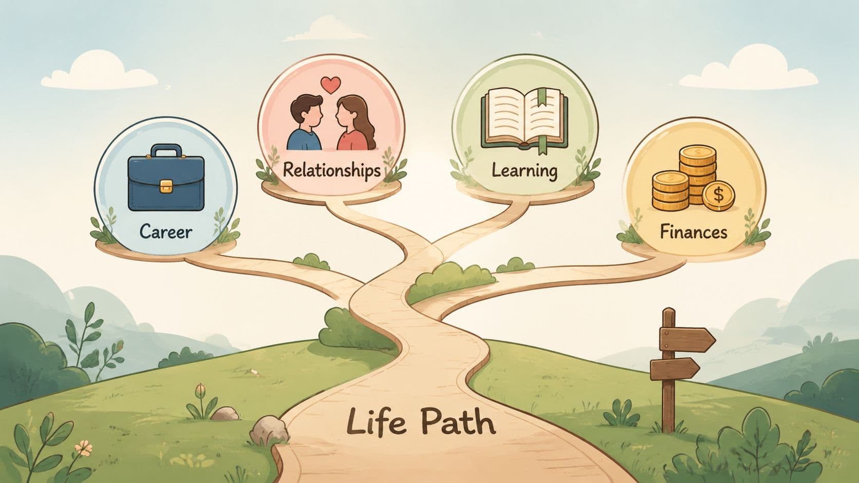 A conceptual illustration of a life path branching into four segments: career, relationships, learning, and finances.