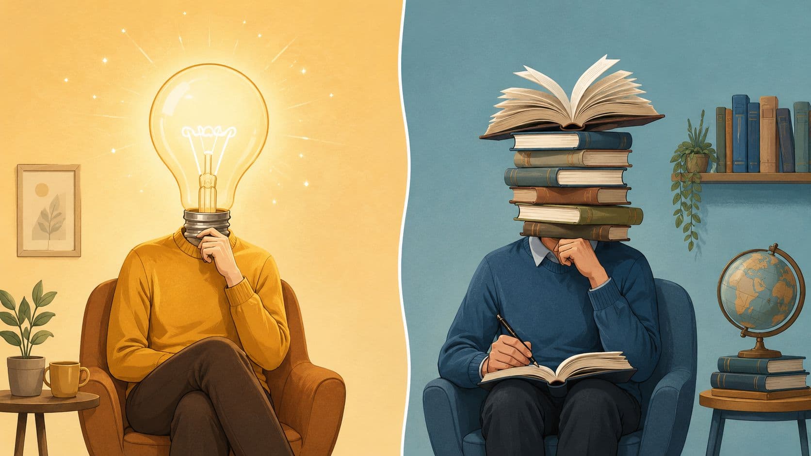 An illustration comparing creativity represented by a lightbulb head with knowledge represented by a stack of books.