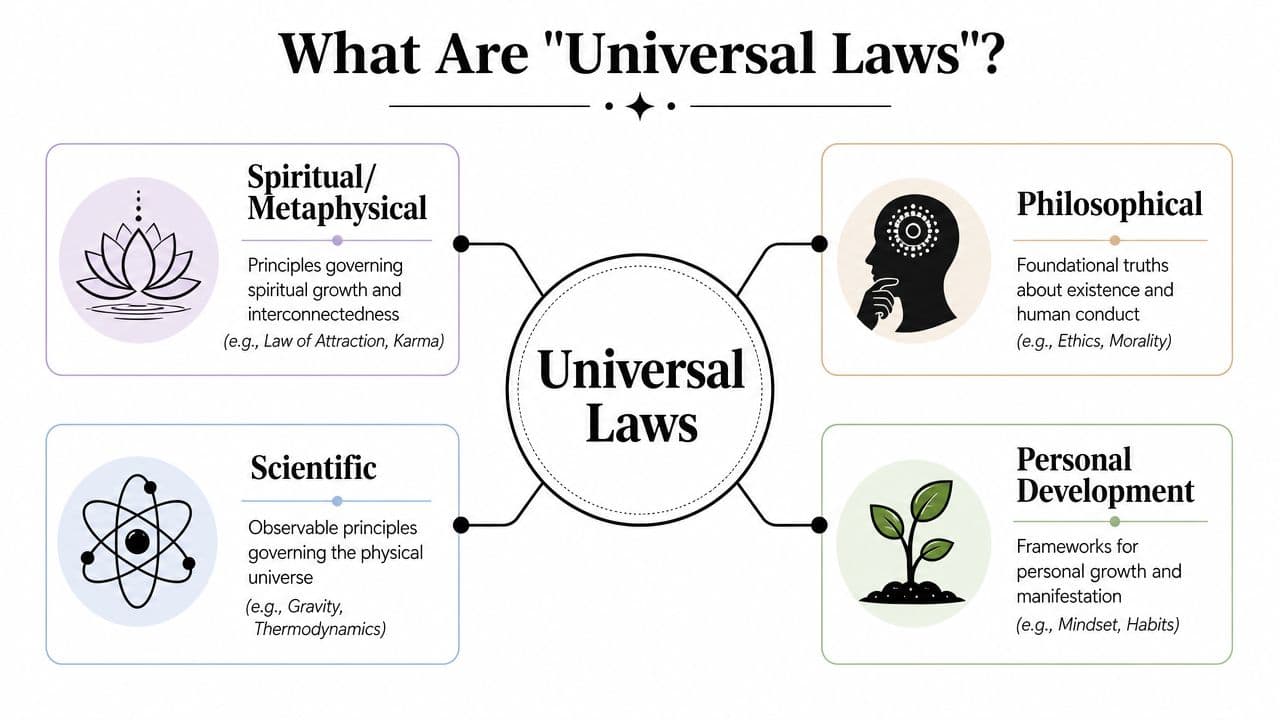 A diagram categorizing universal laws into spiritual, scientific, philosophical, and personal development perspectives.