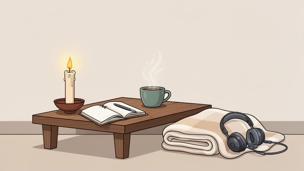 A cozy setup with a lit candle, steaming coffee, notebook, and headphones for quiet reflection.