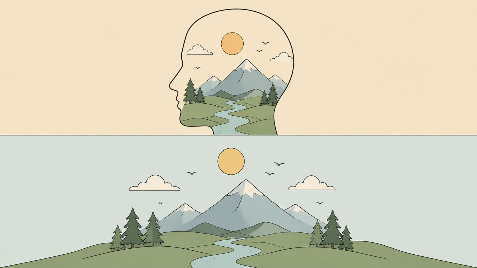 A minimalist illustration showing a landscape scene inside a human profile head above the same full landscape.