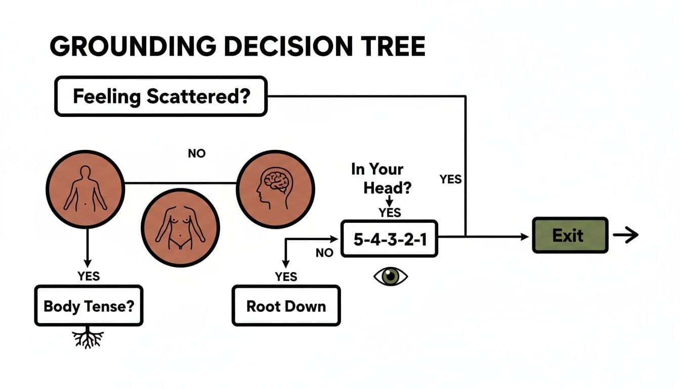 A grounding decision tree flowchart showing steps for feeling scattered, tense, or mentally overwhelmed.