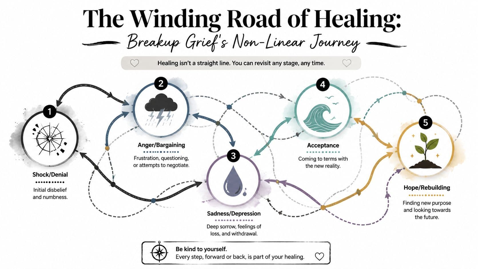 A diagram illustrating the non-linear stages of healing from heartbreak including shock, anger, sadness, acceptance, and rebuilding.