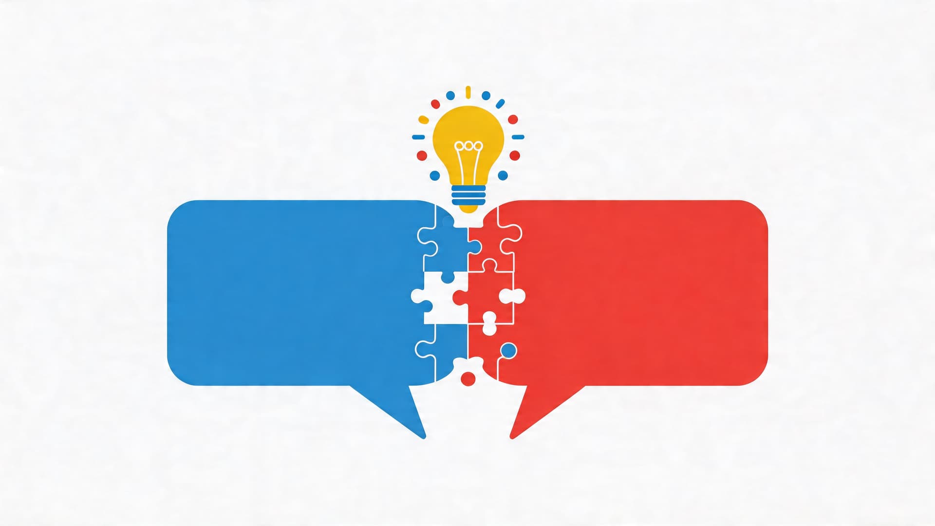 A blue and red speech bubble puzzle connecting with a lightbulb icon representing idea collaboration and conflict resolution.