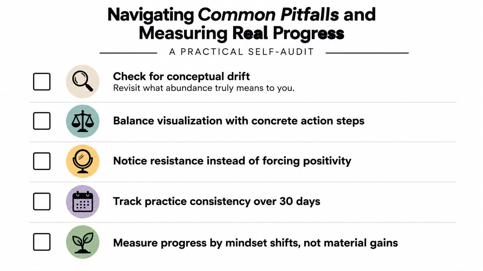 A checklist titled Navigating Common Pitfalls and Measuring Real Progress for practicing personal abundance mindset.