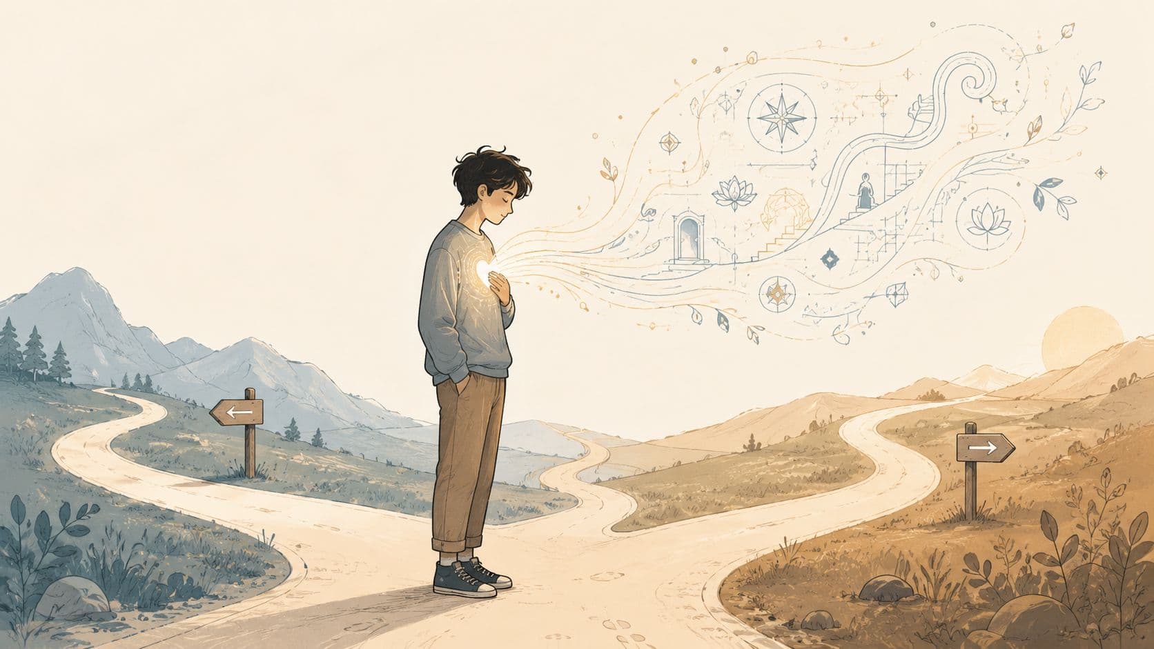 A young person standing at a fork in the road, glowing from within with metaphorical life paths.