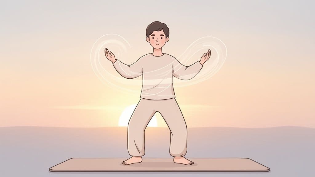 A cartoon man practices Qigong or Tai Chi on a mat with glowing energy lines around his arms, against a tranquil sunrise.