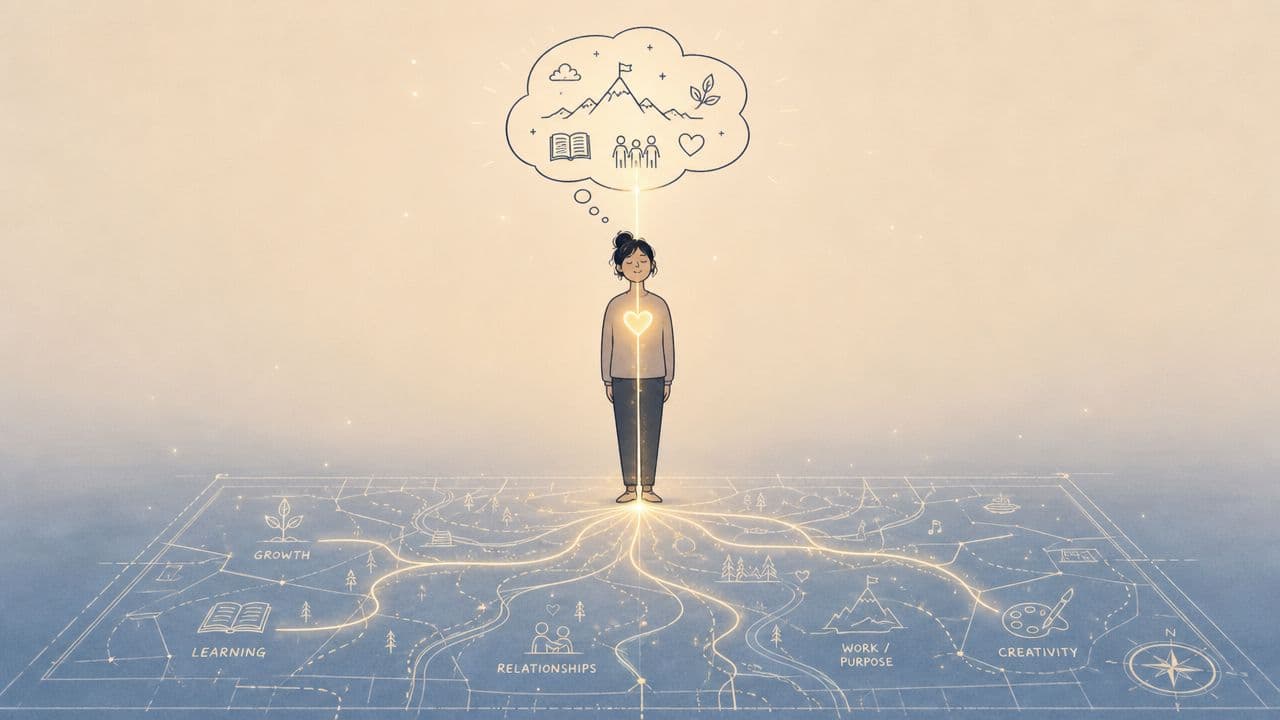 A person standing on a glowing map path making decisions about career growth, learning, and life purpose.