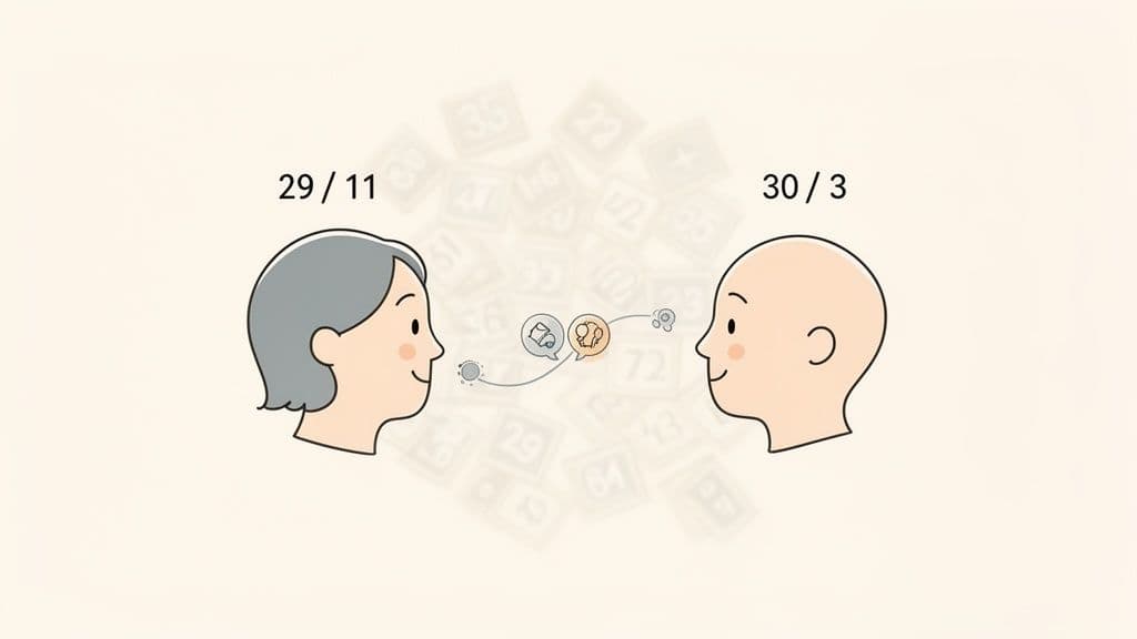 Illustration of two individuals communicating with numbers and symbols, representing a soul number calculation.