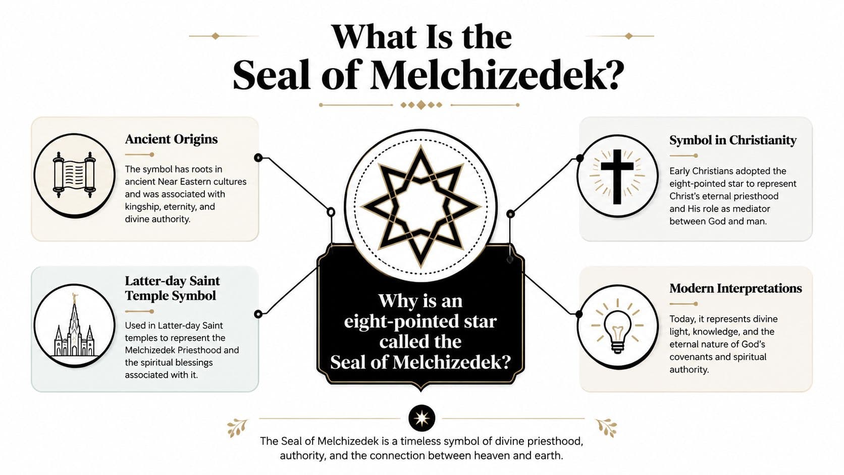 An infographic explaining the Seal of Melchizedek, showcasing its ancient origins, Christian symbolism, and modern interpretations.