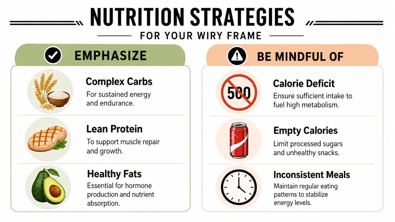 An infographic titled Nutrition Strategies for Your Wiry Frame, listing recommended food groups and dietary cautions.